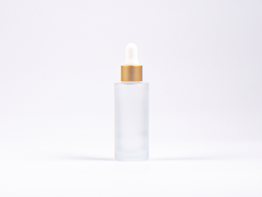 Glasflasche säuremattiert- eckige Schulter, 30ml, mit Pipette Alu gold